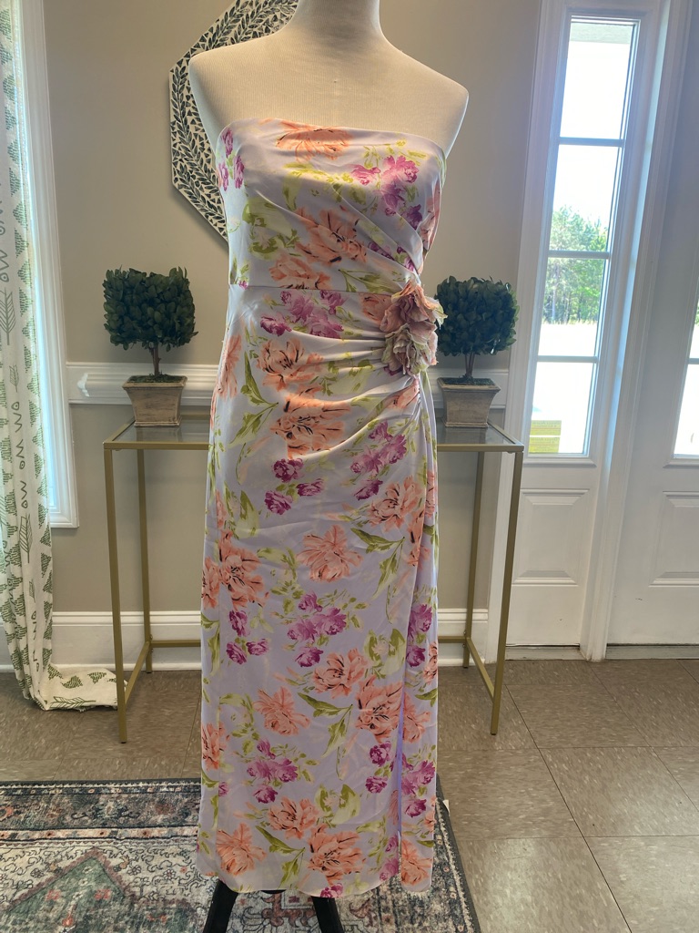Strapless Floral Maxi Dress In Lavender And Peach